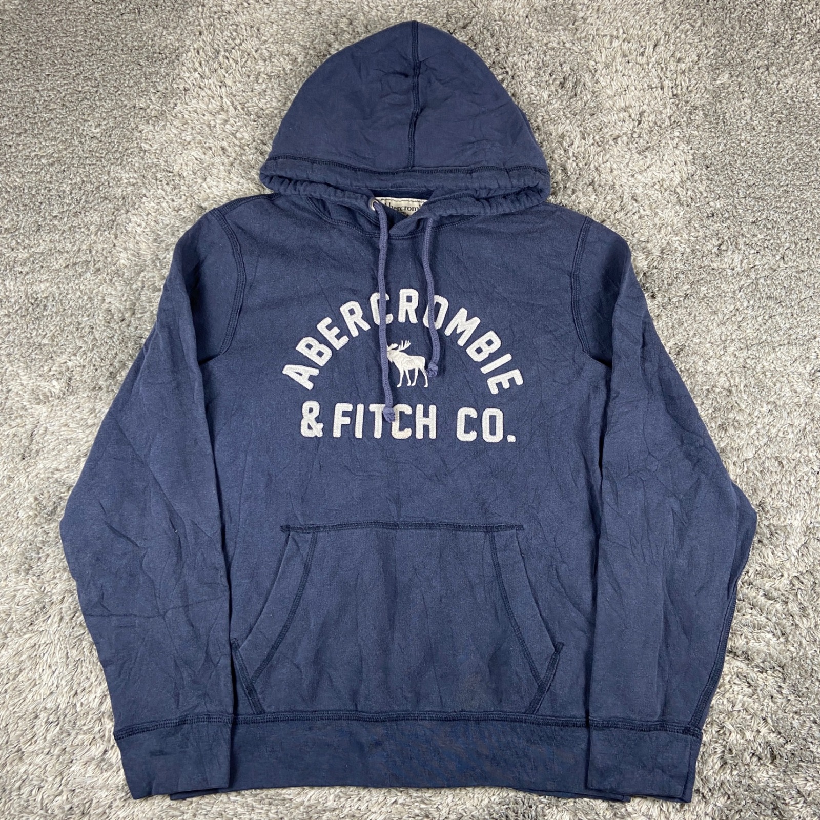 Vintage Abercrombie & Fitch Hoodie Men M Navy Blue Pullover Embroidered Logo Y2k